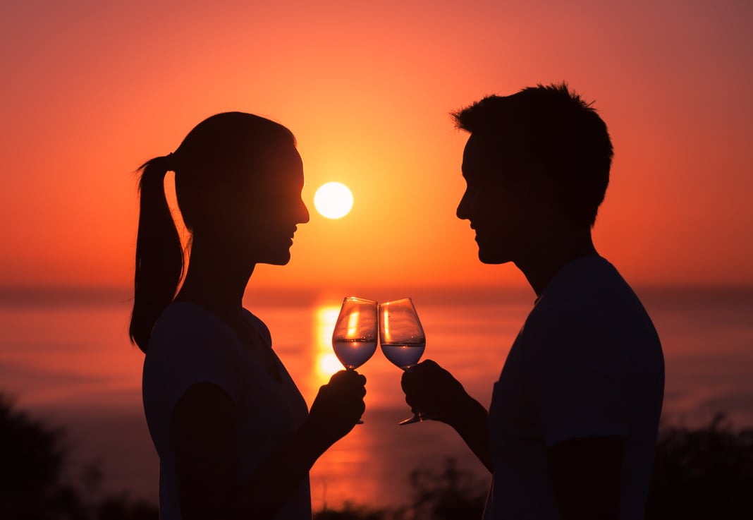 one couple toasting into the sunset with a sea view. They are smiling to each other. 